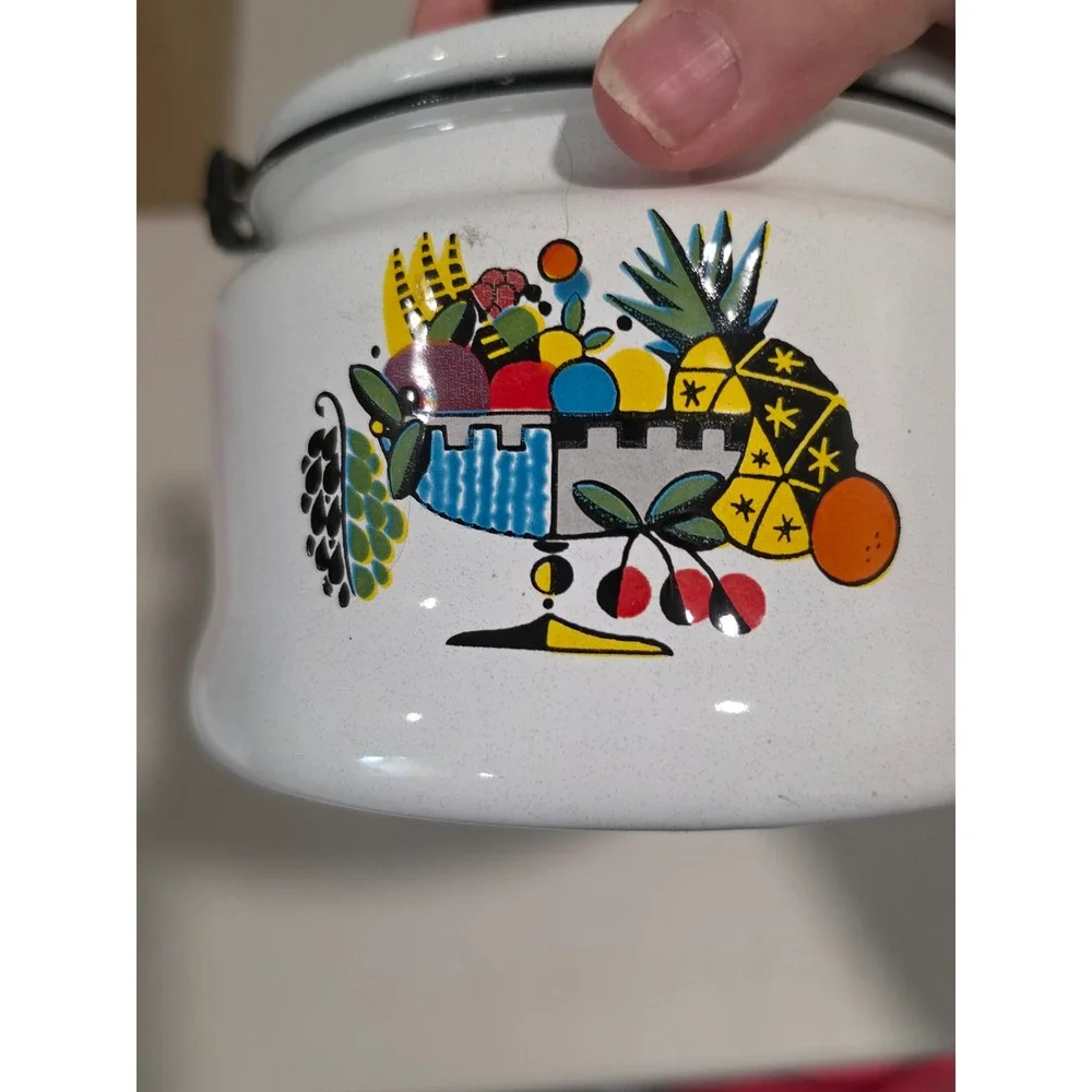 Vintage Bergen Enamelware Teapot Fruit Bowl Graphic White Enamel Tea Kettle